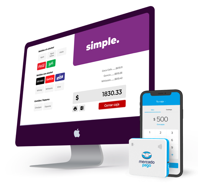Pantalla de monitor con interfaz del software de Simple, acompañado de dispositivos de mercado pago.